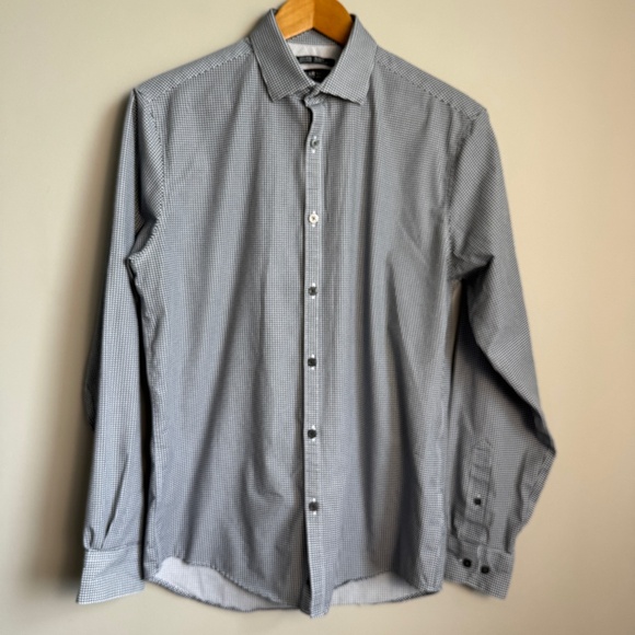 Awearness by Kenneth Cole Men's Geometric Mini Check Button Up Shirt Gray 15.5 - Picture 1 of 13